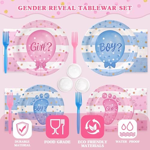 190 Pcs Gender Reveal Party Decorations Kit (Serves 24 Guests), Include Plates and Cups and Napkins Sets with Forks and Banner, Girl or Boy Baby Gender Reveal Party Supplies - Image 4