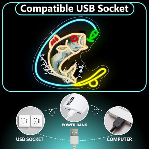 Fishing Neon Sign, Gone Fishing Led Neon Sign Light for Wall Decor Fish Hook Man Cave Light Up Sign Party Decorations for Gear Store Angler Teen Boy Dad Gift Dimmable USB Powered(13.8"*10.6") - Image 5