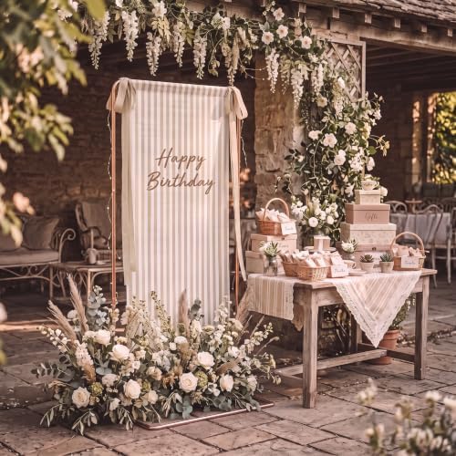 Striped Happy Birthday Sign Stand with Linen Ribbon, Khaki - Image 5