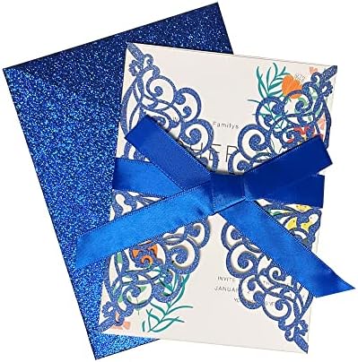 50Pcs Laser Cut Blue Wedding Invitation With Glitter Envelopes And Ribbons Blank Personalized Card Invitaciones Para quinceañera Birthday Baby Shower Christmas Party Bridal Shower - Image 4