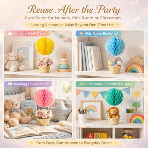 24 Pack Hot Air Balloon Table Centerpieces for Baby Shower, Rainbow Birthday, Bridal Shower, DIY Honeycomb Paper Lanterns with Woven Baskets for Dessert Table Decor - Image 3