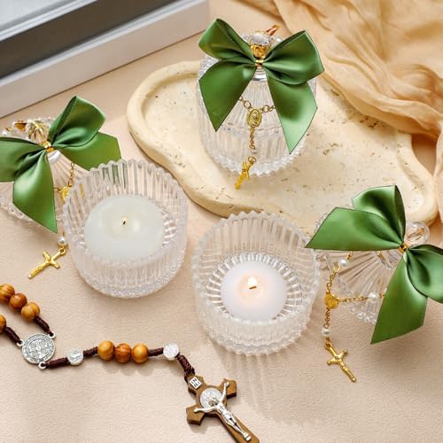 Chuangdi 12 Sets 48 Pcs Baptism Favors for Guests Crystal Candy Bowl Gifts with 12 Pcs Cross Rosary for Baptism Decorations Wedding Baby Shower Supplies First Communion Party(Green) - Image 4