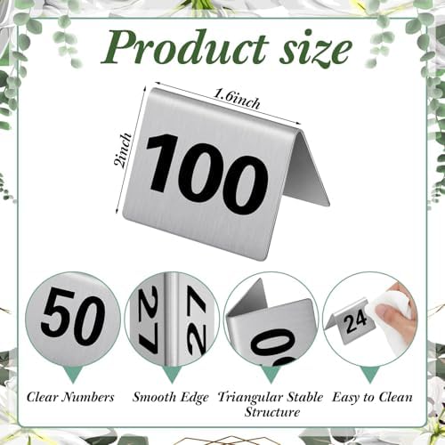 Wenqik 100 Pack Stainless Steel Table Numbers 1-100, 2 x 1.6 Inch Double Sided Tent Style Number Signs Tabletop Display Cards for Wedding Reception, Restaurant, Party, Cafe and Event Seating - Image 3