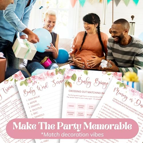 WOODAMORE Funny Baby Shower Games for Girl - Baby Shower Bingo Game Girl, Babies Showers Word Scramble, Floral Babies Showers Activities for 25 Guests, Trivia Mommy Or Daddy Game for Decor (Pack of 3) - Image 5
