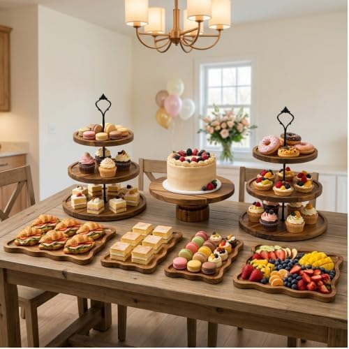 7-Piece Acacia Wood Dessert Table Display Set with 4 Wavy Trays - Image 6