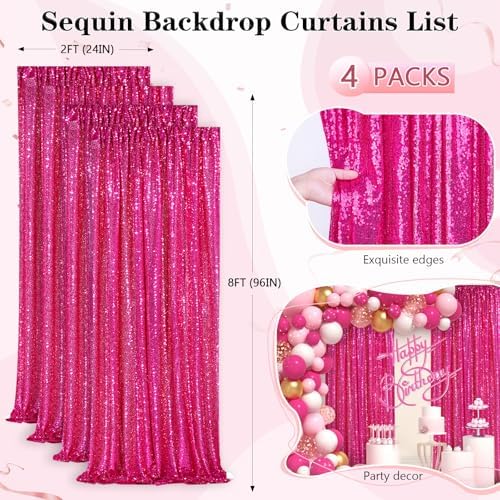 Fuchsia Sequin Backdrop Drapes 4 Panels 2FTx8FT Glitter Backdrop Curtains - Image 3