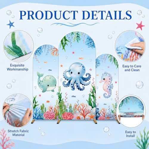 3Pcs Under The Sea Party Decoration Ocean Arch Backdrop Cover Set Underwater Milk Silk Fitted Arch Stand Cover for Summer Marine Theme Birthday Baby Shower Decor Fits 4ft 5ft 6ft - Image 3