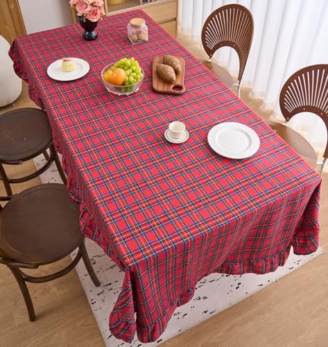vctops Christmas Red Plaid Ruffle Table Cloth, Farmhouse Cotton Linen Tablecloth, Washable Table Cover for Rectangle Table Baby Shower Kitchen Party Wedding Decor (Red B,70"x134") - Image 4