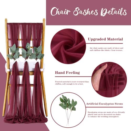 QueenDream Burgundy Chair Sashes Wedding: 16 Pieces Long Sheer Wedding Aisle Chair Decorations Tulle Chairs Covers with Artificial Eucalyptus - Image 3