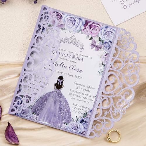 50PCS Wedding Invitation, Purple Hollow Laser Cut Custom Invitations - Image 4