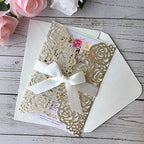 20PCS 5.12 x 7.28'' Champagne Wedding Invitations Cards Laser Cut Hollow Rose Flowers Pocket with bowknot for Bridal Shower Engagement Birthday Invite (Champagne Glitter) - Image 3