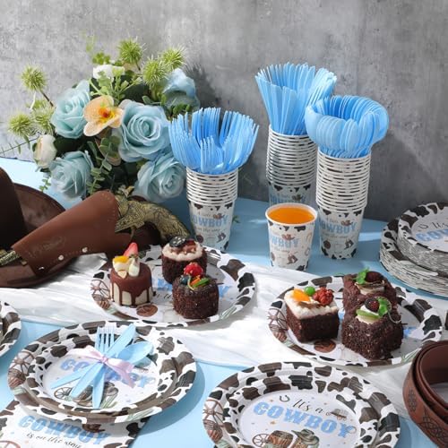 Ziliny 350 Pcs Western Cowboy Baby Shower Party Supplies a Cowboy Is on the Way Baby Shower Paper Plates Napkins Cups Disposable Western Party Tableware Plastic Cutlery Serves 50 Guest - Image 5