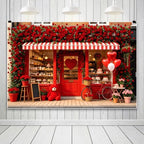 15x10ft Valentines Day Photography Backdrop Red Rose Bakery Storefront Background with Heart Balloons Bear Bicycle Cake Shop Brick Wall Floral Decor for Portrait Photo Booth Party Decoration - Image 2