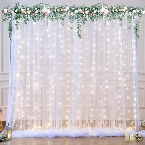 10ft x 10ft White Tulle Backdrop Curtain with Lights String for Parties Wedding Bridal Shower Sheer White Curtain Backdrop for Birthday Baby Shower Photo Booth Background Decorations by Suppromo