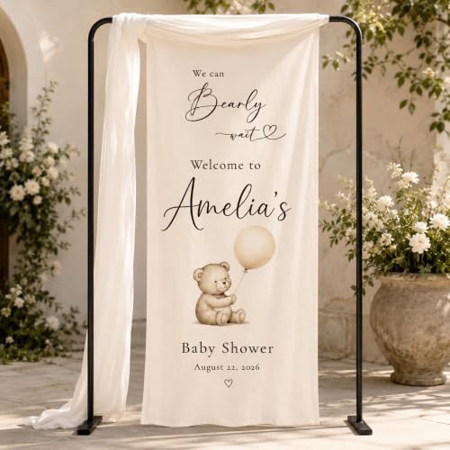 We Can Bearly Wait Neutral Teddy Bear Balloon Baby Shower Welcome Banner by Custom