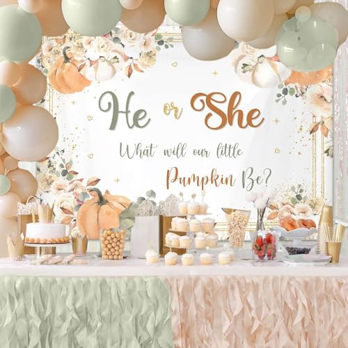 AIBIIN Fall Pumpkin Gender Reveal Backdrop He or She What Will Our Little Pumpkin Be Party Banner Pumpkin Floral Gender Reveal Party Supplies 8x6ft - Image 3