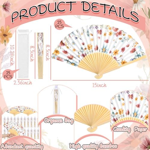 Vercraft 25 Sets Wildflower Hand Folding Fans, Wedding Favors for Guests - Image 2