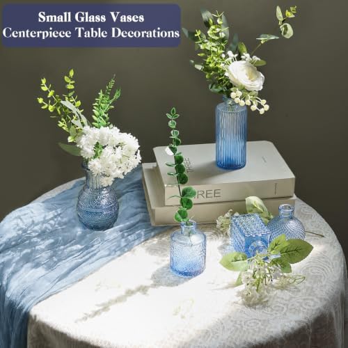 WARMALL Artificial Flowers with Vases, 16 Pcs Blue Bud Vases, & 81 Pcs Artificial Plants DIY Set Suitable for Centerpieces Table Weddings Party Office and Indoor Decor Mini Small Glass Clear - Image 4
