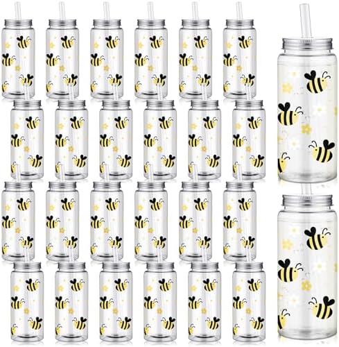 SiliFine 24 Pack Bee Party Favors Bee Cups with Lids and Straws 13.5oz by SiliFine