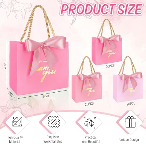 Whaline 60 Pcs Thank You Gift Bags with Ribbon Small Gradient Pink Paper Party Favor Bags with Handles for Wedding Bridal Baby Shower Birthday Party, 5.5 x 4.8 x 2.5 inch - Image 2