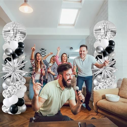 2 Sets Disco Balloon Column Stand Kits Adjustable Black and Silver Balloons Column Kit with Disco Ball Explosion Star 80s Party Themed Tower Stand Kit for Birthday Party Retro Dance Supplies - Image 7