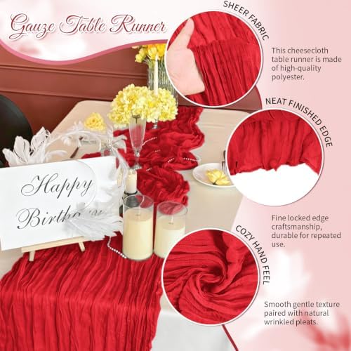 Red Boho Cheesecloth Table Runner 12 Pack 17x108 Inch Sheer Gauze - Image 3