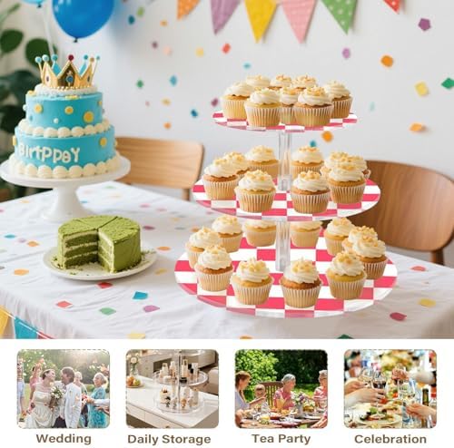 J JOYSAY Checkerboard Pink White Print Acrylic Cupcake Stand 3 Tier Dessert Table Display Set Clear Cake Stands for Party Baby Shower Wedding Decorations Easy Assembly Pastry Tower - Image 7