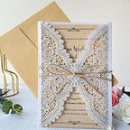 50Pcs 5.12" x 7.28" Personalized Rustic Laser Cut Lace Wedding Invitations Kit Blank Kraft Wedding Invitation Cards with Hemp Rope Envelopes - Image 5