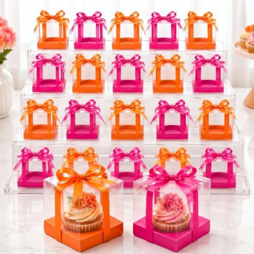 Gerrii 100 Pcs Clear Plastic Individual Cupcake Boxes 3.5" Single Cupcake Containers Transparent Ornament Gift Box with Inserts and Ribbon for Wedding Baby Shower Party Favor (Orange and Hot Pink) by Gerrii