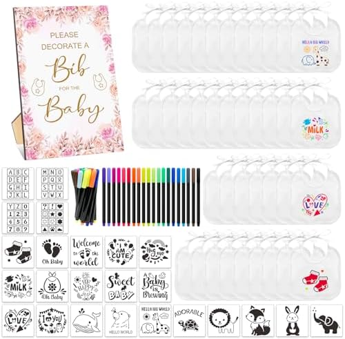SytuHe 95 Pcs DIY Baby Bibs Decorating Kit50 White Bibs 24 Stencils 20 Fabric Markers 1 Baby Shower Game Sign by SytuHete