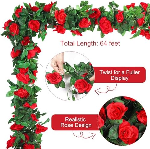 Aneco 8 Pack 64 FT Red Flower Garland Kentucky Artificial Rose Vines Derby Roses Fake Vine Flowers Plants Party Supplies for Kentucky Holiday Wedding Garden Craft Art Decoration - Image 3