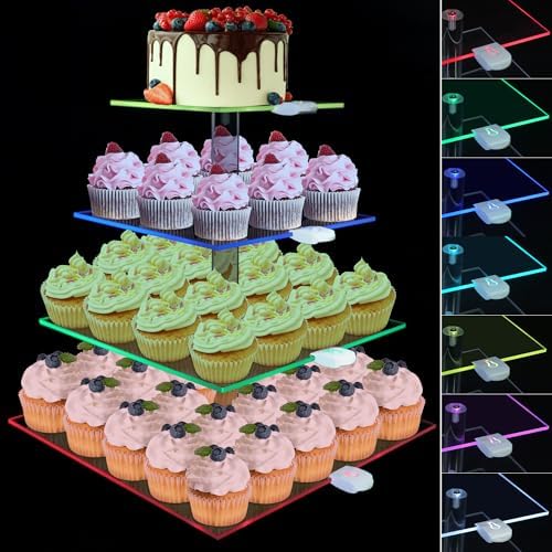 Rechargeable LED Cupcake Stand for 50 Cupcakes, 7 Colors Light Clear Cupcake Holder, 4 Tier Cupcake Tower, Acrylic Dessert Table Display Set for Weddings, Christmas, Birthday, Parties by Pleasedontforgetthemhere%EF%BC%81