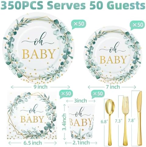 350 Pcs Sage Green Baby Shower Decorations, Baby Shower Plates and Cups and Napkins Sets Serves 50, Oh Baby Plates with Gold Dots for Boho Baby Girl Boy Neutral - Image 2