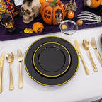 SUT 350-Piece Black and Gold Disposable Plates - Elegant Plastic Dinnerware for 50 Guests, Includes Cups & Napkins | Durable Leak-Proof Design for Weddings, Birthdays, Holidays - Image 5