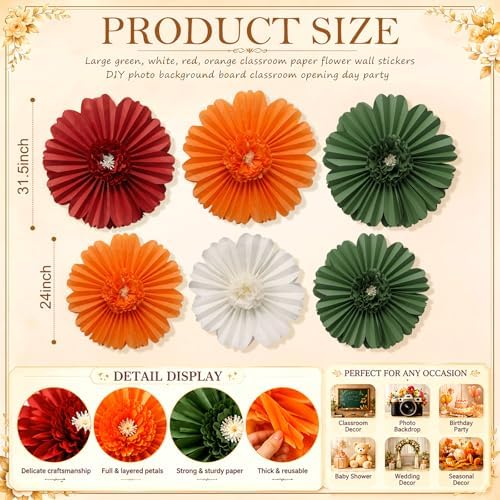 Giegxin 6 Pcs 31.5" 24" Giant Fall Paper Flowers Orange Sage Green Pom Poms - Image 3