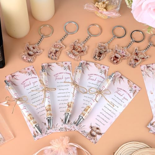 145 Pieces Highland Cow Baby Shower Favors for Guest Party Ballpoint Pens and Keychains Gifts for Boys Bulk Retractable Baby Shower Pens Gender Reveal Thank You Cards Souvenirs Prizes - Image 4