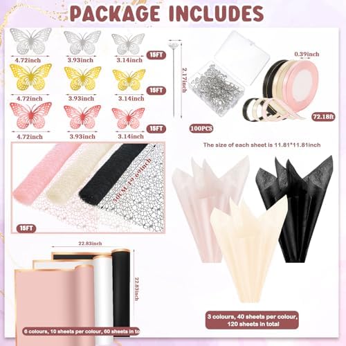 Qilery 334 Pcs Flower Wrapping Paper Set,153 Waterproof Floral Bouquet Wrapping Paper,72 3D Gold Butterfly Decoration,100 Pins, 6 Crowns and 3 Ribbons for DIY Craft(Pretty Color) - Image 2