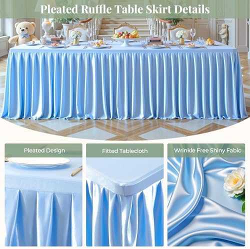 Blue Satin Tablecloths Rectangle 8FT, Glitter Spandex Fitted Stretch Table Covers Wrinkle-Free Floor Length Shimmer Table Skirt for Weddings Parties Baby Shower Banquets Vendor Events - Image 2