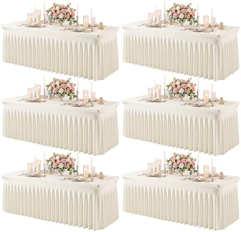 6 Pack Ivory Spandex Tablecloth for 6FT Rectangle Tables, Fitted Stretch Table Cover with Skirt, Wrinkle Free Washable Elastic Table Cloth for 6 Foot Folding Table, Wedding Banquet Baby Shower by Gogoparti