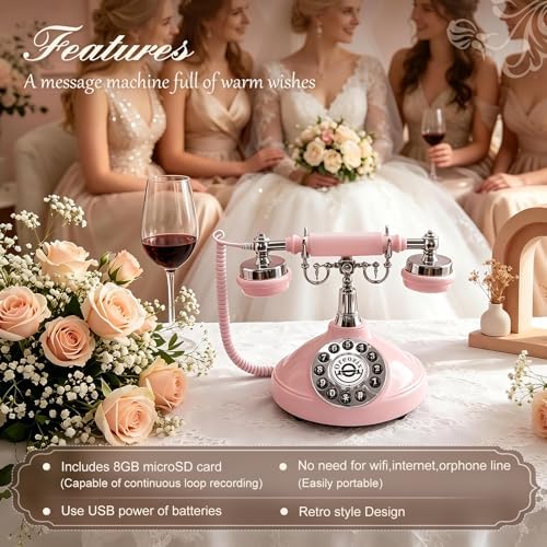 Audio GuestBook Wedding Phone - Vintage Retro Telephone Voicemail Recorder, 8GB Digital Voice Message Keepsake for Reception, Bridal Shower & Party Events(Pink) - Image 2