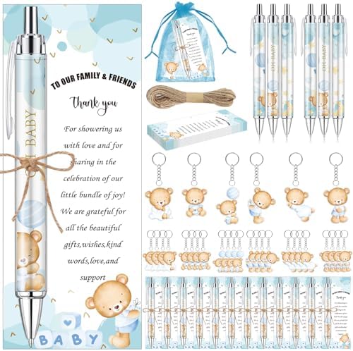 145 Pieces Baby Shower Favors for Guest Blue Bear Ballpoint Pens and Keychains Gifts Bulk Retractable Baby Shower Pens Gender Reveal Greeting Thank You Cards Souvenirs Game Prizes by EYNDYN