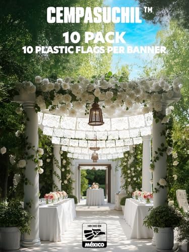 10 Pack White Papel Picado Banner 180 Ft (18 Ft x 10), 100% Made in Mexico, Papel Picado Blanco, White Mexican banner, for Parties, Wedding, Baby Shower, Bautizos, Bodas, Birthdays | 10 Plastic Flags per Banner | - Image 2