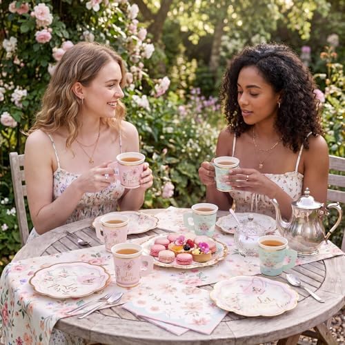 Yungyan 216 Pcs 72 Guest Tea Party Plates and Napkins Sets Floral Tea Party Supplies 6" Paper Plates, 9 oz Cups and Saucers Disposable Tableware Set for Birthday Wedding Bridal Shower Decorations - Image 6