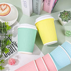 Whaline 100 Pcs Spring Pastel Color Disposable Coffee Cups with Lids Paper Cups 12 Oz Yellow Pink Blue Green Corrugated Ripple Wall Insulated Hot Cup for Spring Summer Home Office Party Supplies - Image 3