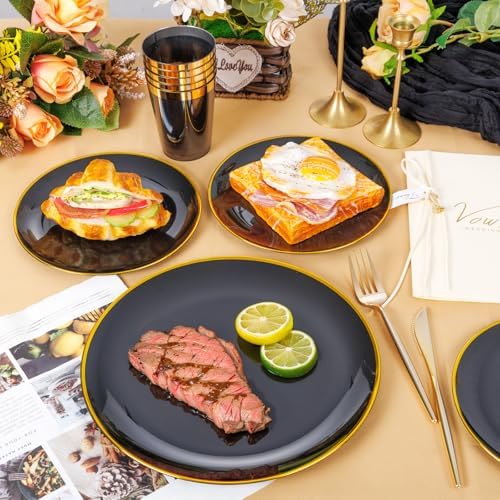 ejonirinjonir 180pcs Elegant Black Plastic Plates for Wedding, Gold Trim - Image 2