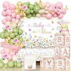 Baby in Bloom Baby Shower Decorations, Baby Shower Decorations for Girl, Flower Themed Backdrop Balloon Box Tablecloth Cake Topper Sash for Floral Baby Shower Decorations for Girl Pink Green by Fiesec