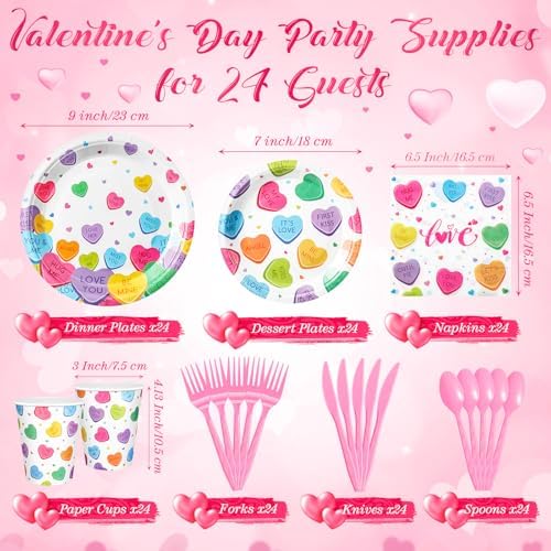 Ziliny 171 Pcs Valentine's Day Party Decorations Serve 24, Conversation Hearts Paper Plates Napkins Cup Banner Tablecloth Cutlery Valentine Galentine Day Anniversary Wedding Baby Shower Party Supplies - Image 3