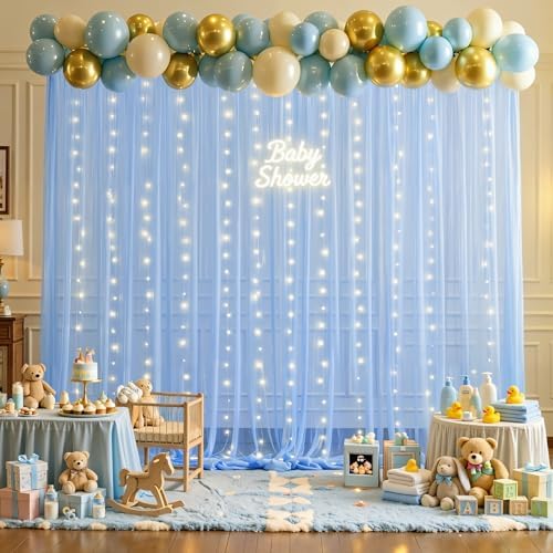10×12ft Baby Blue Sheer Tulle Backdrop Curtains with Lights String for Parties Baby Shower Decorations for Boy Bridal Shower Birthday Party Photo Shoot Background Wall Decorations 2 Panels 5×12ft - Image 2