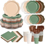 350 Pcs Woodland Baby Shower Party Supplies Set - Sage Green and Brown Paper Plates and Napkins Set Include Scalloped Paper Plate Napkin Cup Spoon Fork Knife for Safari Jungle Baby Shower Decorations by Unknown