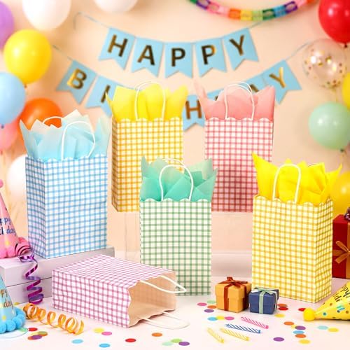 AmazingSpark 50 Pcs Pastel Gift Bags with Handles and Tissue Paper,Gingham - Image 3